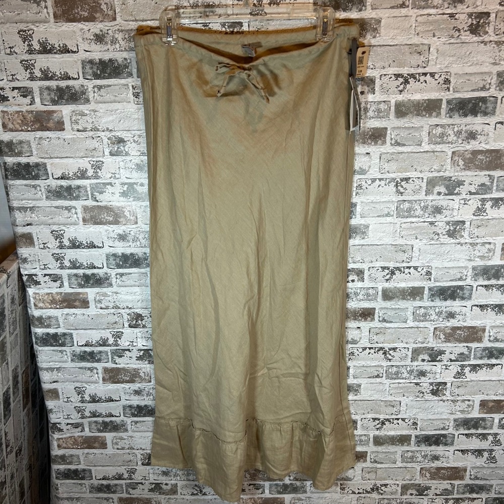 Caslon Maxi Skirt Womens Small Khaki NEW Linen Blend Tie Front Ruffle Hem